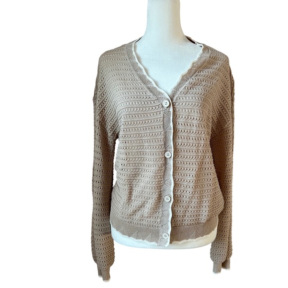 Open Knit Relaxed VNeck Button Long Sleeve Cardigan Grace Karin Tan Beige Medium - Picture 6 of 9